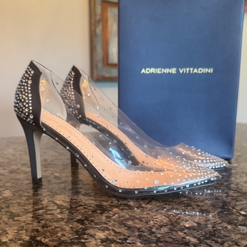 Adrienne Vittadini  Noreen Black and Clear Studded Heels EUC 10